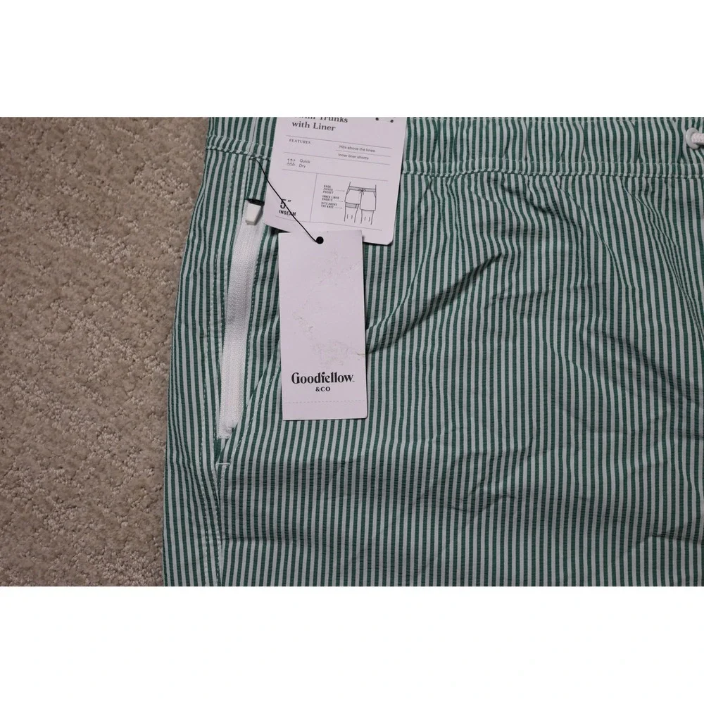 Goodfellow & Co Mens Green White Striped Swim Trunks 5 Inch Inseam XXL NWT